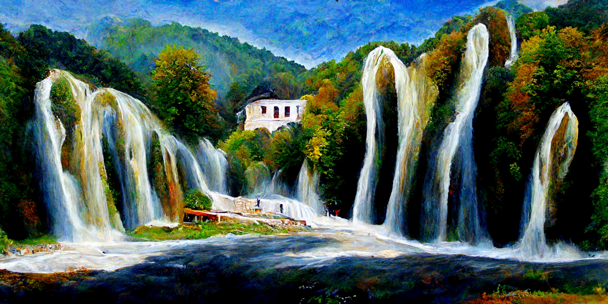 pliva waterfall, jajce, bosnia and herzegovina, painting, high detail