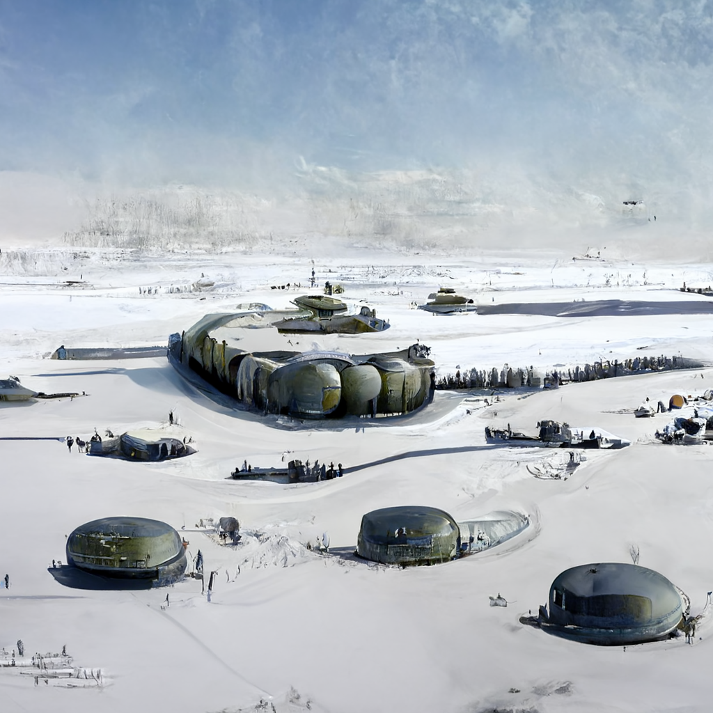 concept art military base with tanks, winter landscape with snow, aerial view