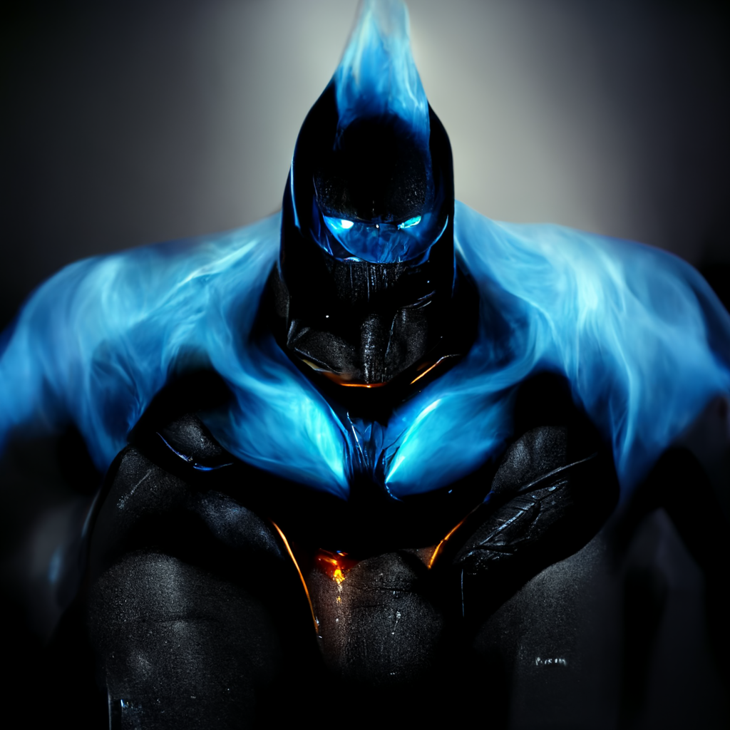 dark samus glowing blue fire, batman style, masculine, cinematic, hyperrealistic