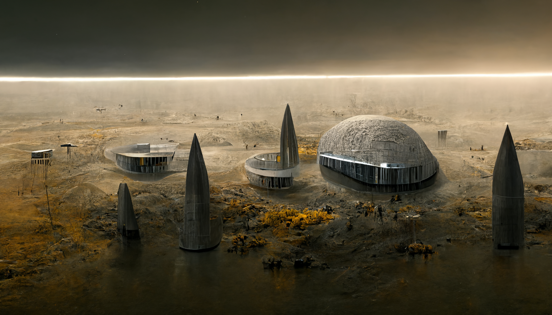 modern futuristic concrete gray military base on golden planet, render dark composition dramatic, cinematic